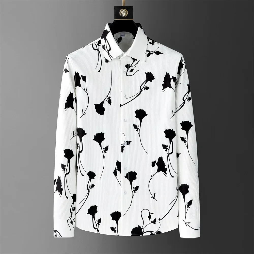 2024 Autumn Flower Shirt for Men Long Sleeved Casual Business Dress Shirt Fashion Loose Social Party Streetwear Men Clothing 4XL