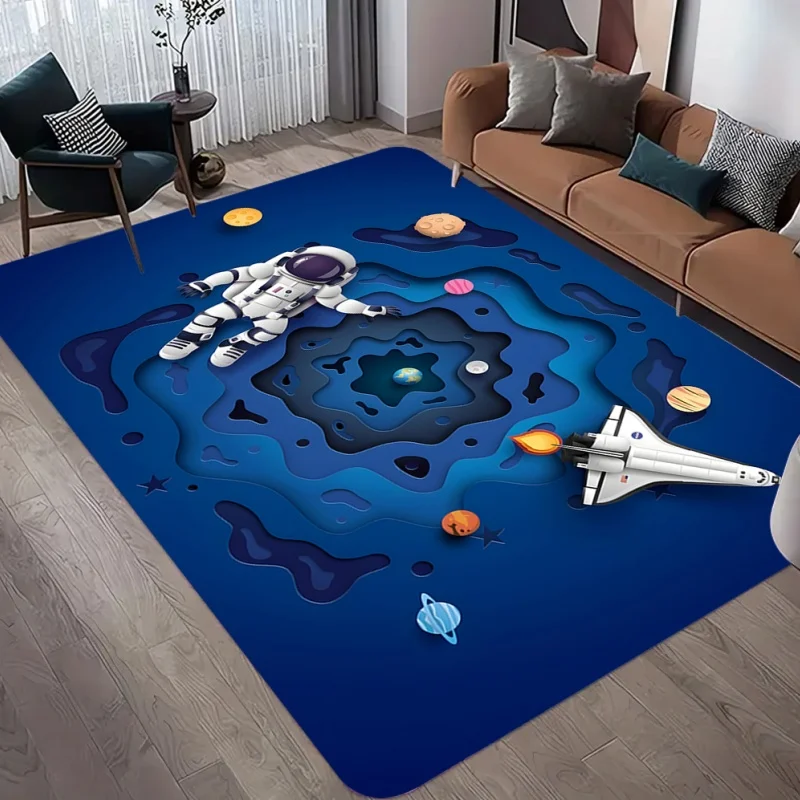 Kids Space Rocket Play Area Rug Cartoon Planet Star Non-Slip Carpet Educational Outer Space Home Decor Floor Mat
