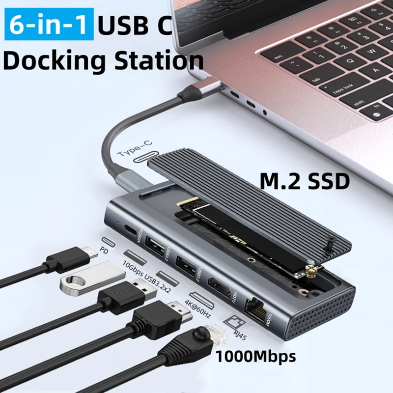 

Корпус USB C — M.2 SSD-концентратор 6-в-1 с портом PD, совместимый с HDMI 4K при 60 Гц, USB-A, адаптер Gigabit Ethernet RJ45 для ноутбуков