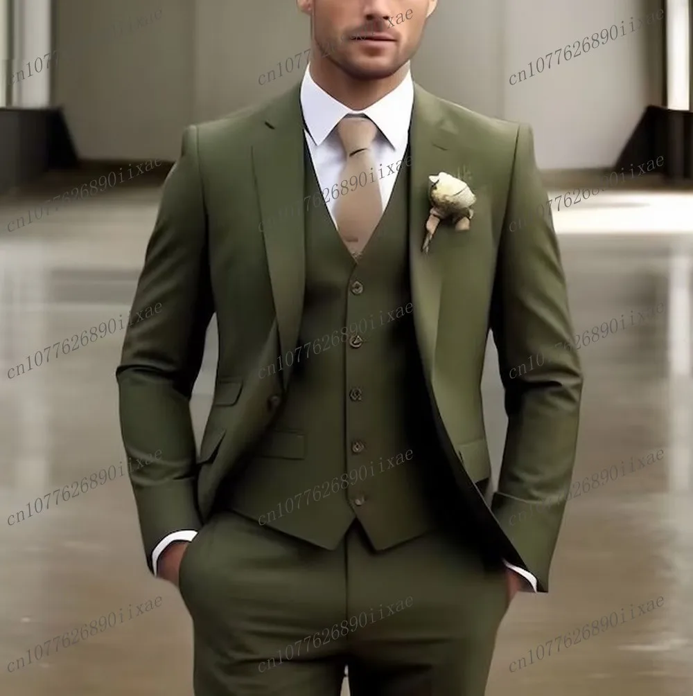 

Army Green Formal Occasion Men Business Suit Groom Groomsman Wedding Party Prom Male Tuxedos Costume 3 Piece Jacket Vest Pants