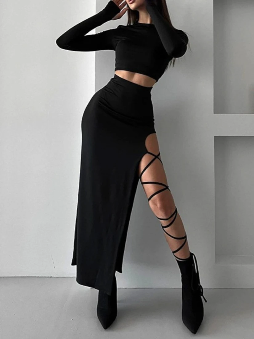 

SsTss Sexy Black Two Pieces Set Women New Chic O Neck Long Sleeve Crop T Shirt Top and High Waist Tied Up Irregular Skirt Suits
