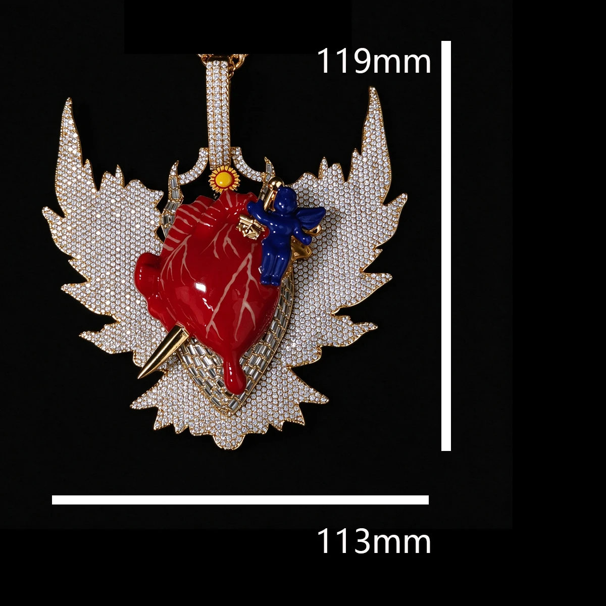 18K Gold Plated Pendant With Red Heart Model Large Angel Wings Piercing Heart-Broken 3D Design Statement Necklace Charm Necklace Hip Hop Iced Out Accessory Rapper Party Luxury Bling Rap Jewelry Fine Jewelry Gifts For Men Women Boy Friends Ship From US