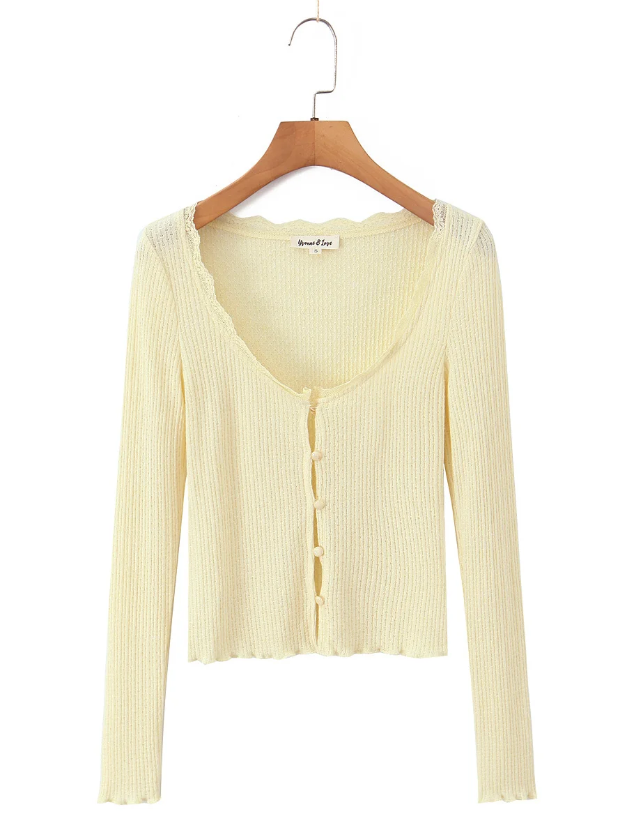 

Retro Lace Collar Texture Knitted Cardigan Slimming Sexy Single Button ort Sve Long Cardigan for Girls Autumn Season