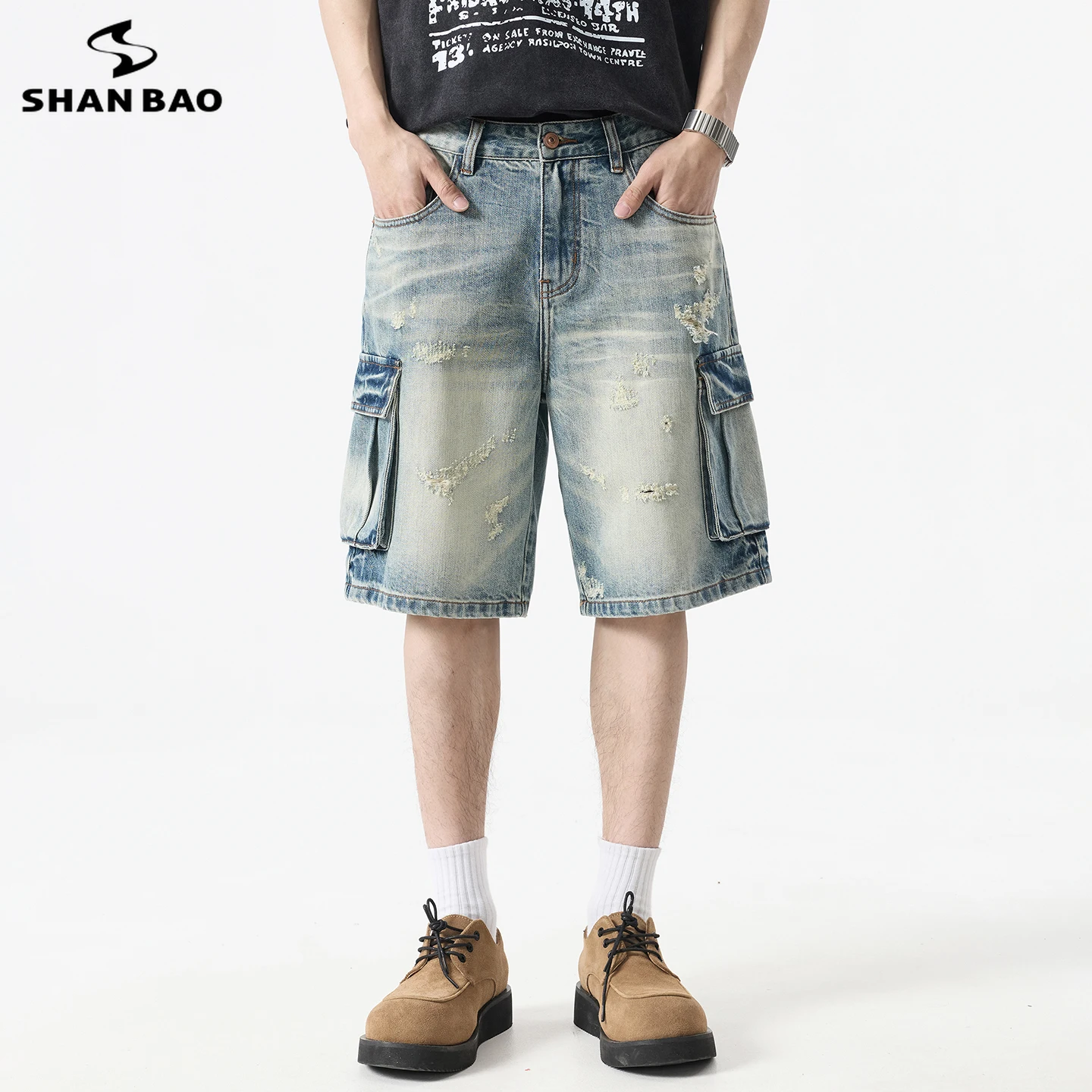 

SHAN BAO summer brand men's straight denim shorts classic Scratched multi-pocket design wear-resistant casual jeans