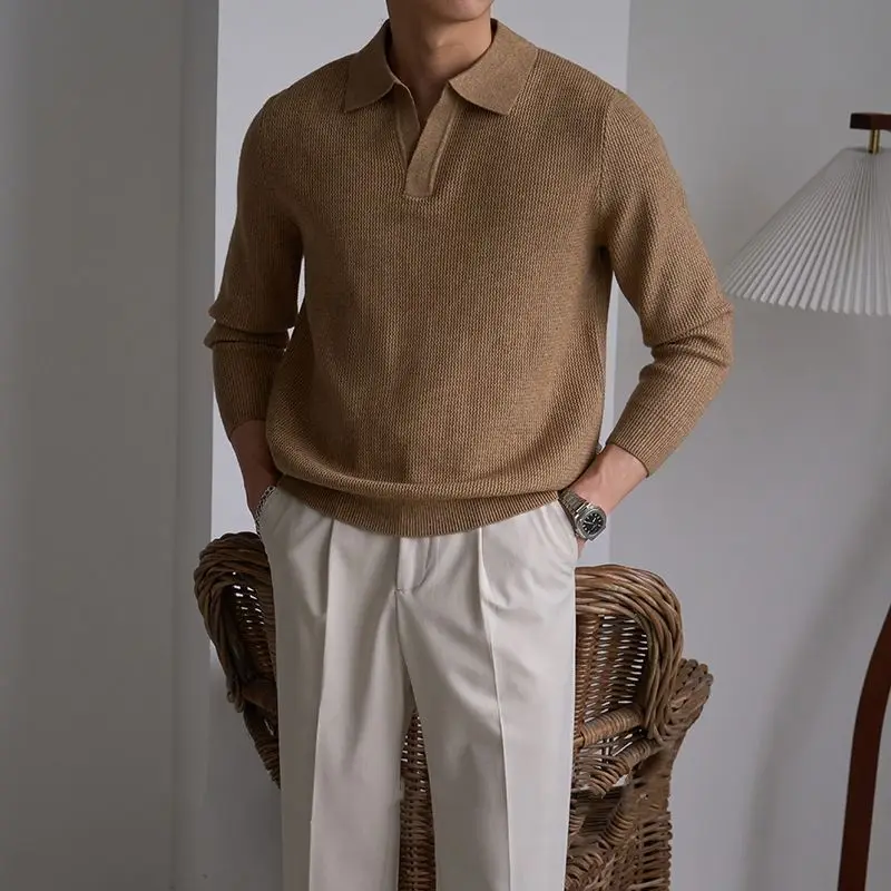 

American Sle Heavyweight V-Ne Knitted Sweater Overhead Long Sve Collar Outerwear for Men Autumn Winter Warm Inner...