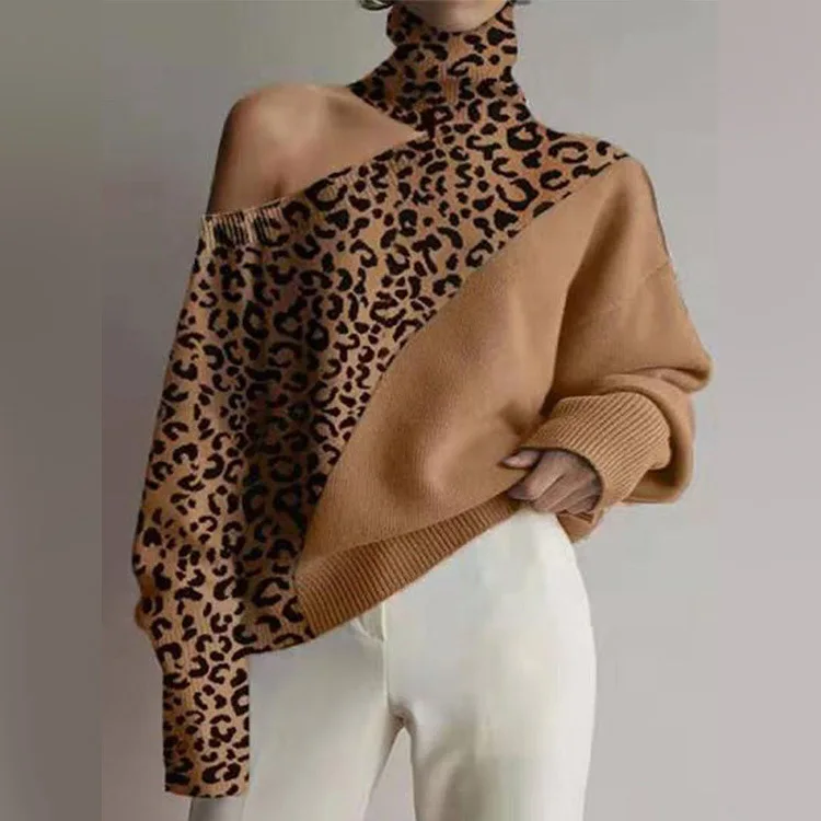 

Sexy Leopard Women Jumpers Turtleneck Long Sleeve Knitted Sweaters Spliced Loose Fit Pullovers High Street Autumn 2024