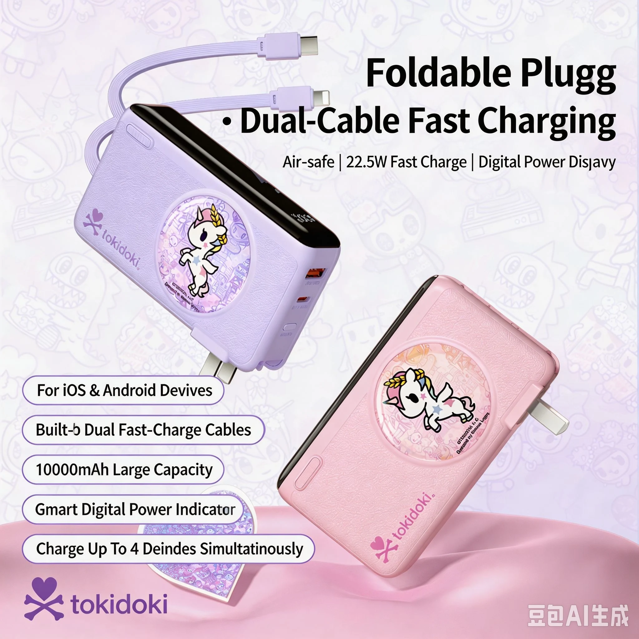 Tokidoki CD-D16 Power Bank 10000mAh Built-In USB-C Cable Pocket-Sized Smaller Fast Charging Portable For range of mobile phones