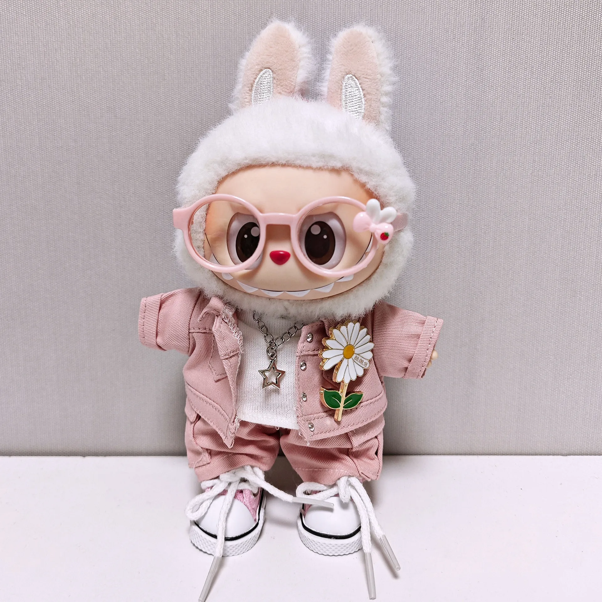 Tenue de veste en jean rose Labubu, costume de style hip hop adapté à la poupée Labubu de 1ère 2e et 3e génération (pas de poupée incluse)