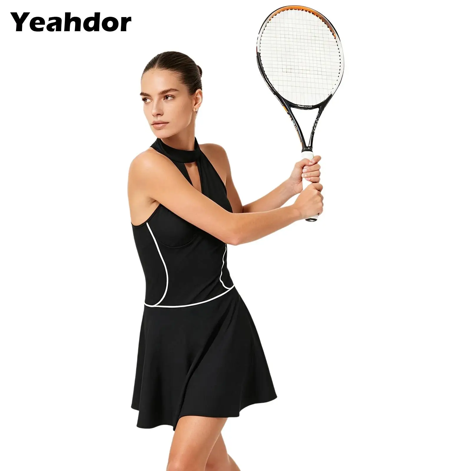 Women Removable Chest Pads Sport Dress Halter Keyhole Front Zipper Contrasting Color Trim Golf Tennis Dress