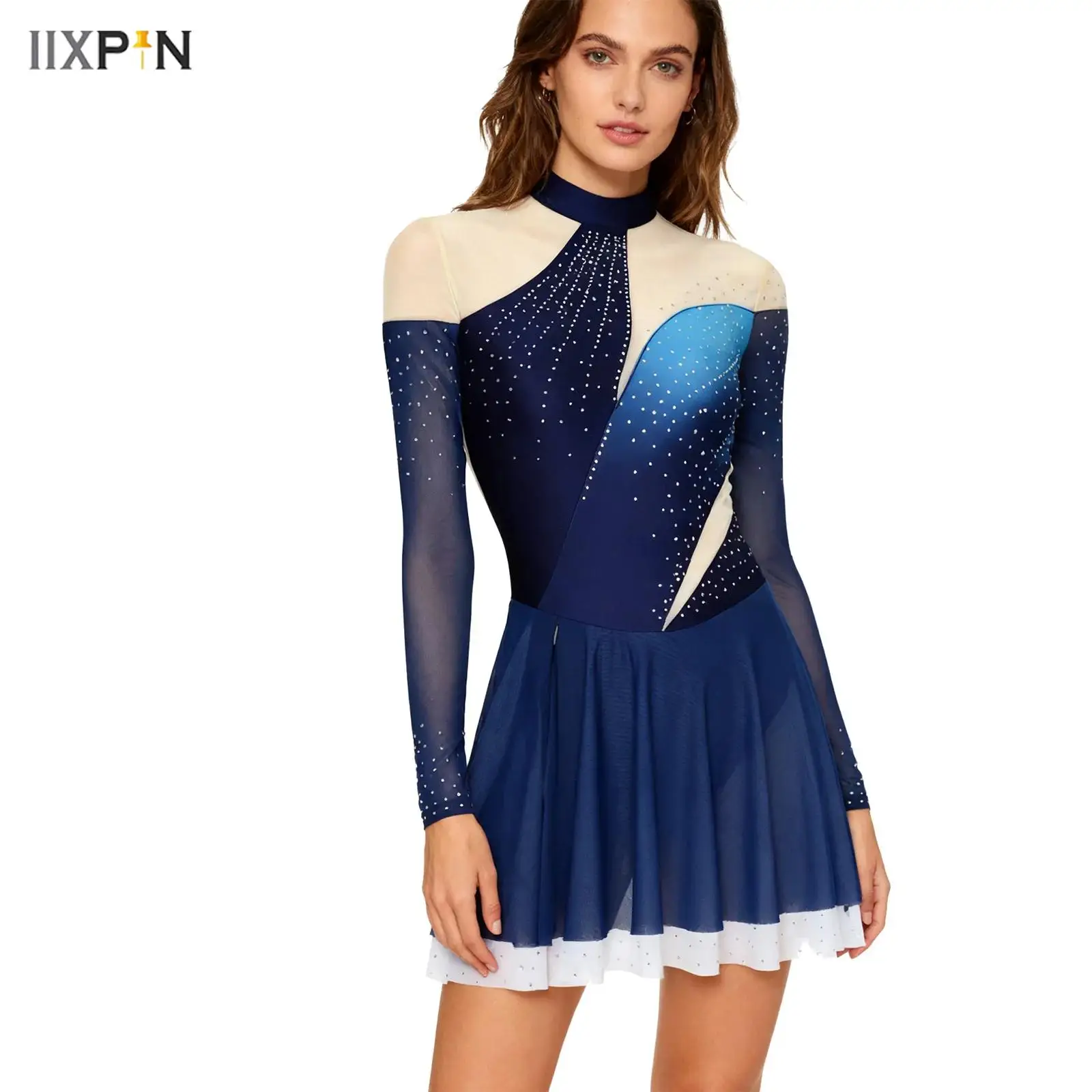 

Women Figure Skating Dress Shiny Rhinestones Gradient Color Mesh Long Sleeve Back Cut Ruffled Dress Ballet Lyrical Dance Costume