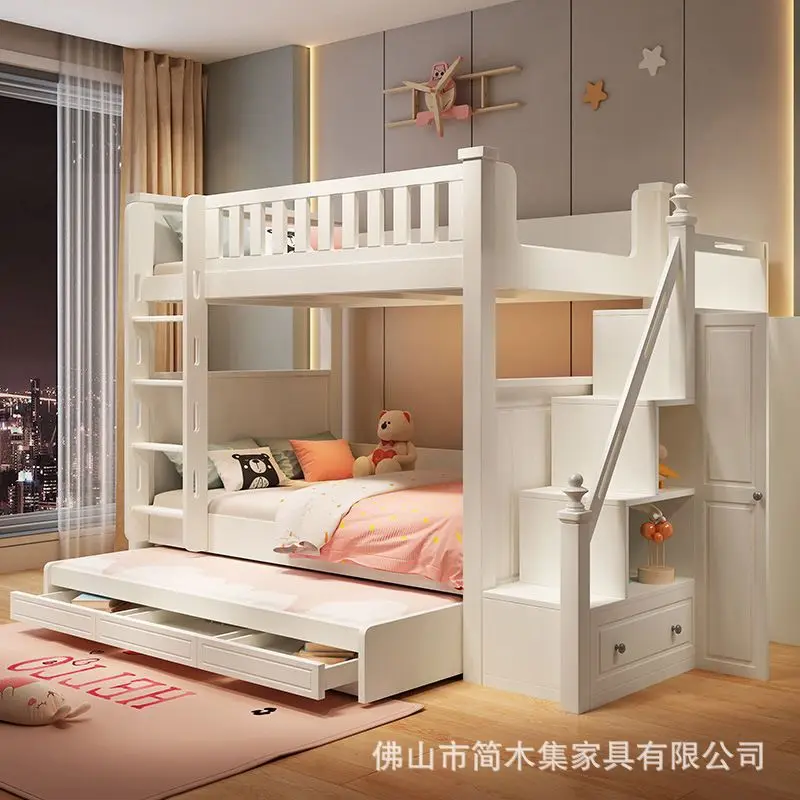 Modern Simple Log Color Kids Bunk Bed Mother And Child High Low Bed With Ladder Cabinet Slide Design