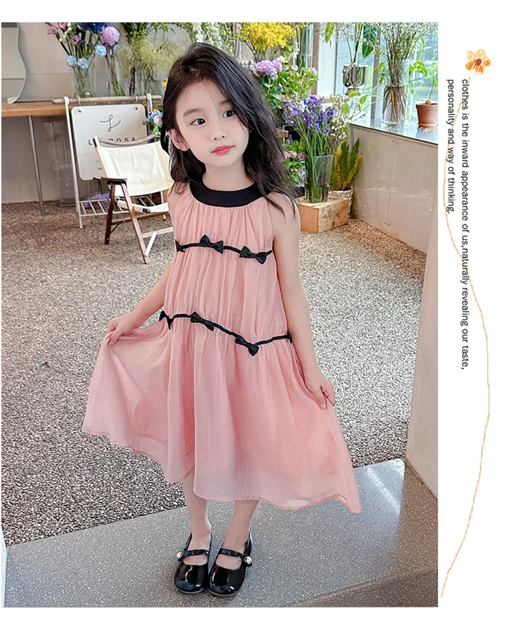 Europe and America Girls Princess Dresses Summer Bow Tie Neck Hanging Vacation Dress Kids Sweet Clothes for 3-7Y