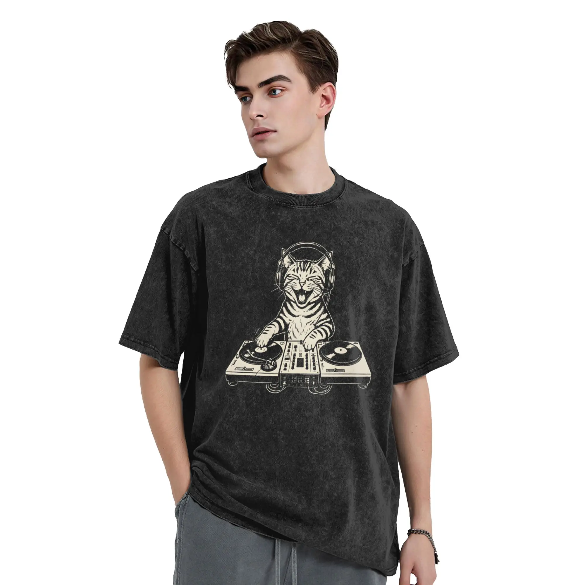 Cat DJ Graphic T Shirt for Men Cotton Hipster T-Shirt Crewneck  Tees Short Sleeve Tops Gift Idea