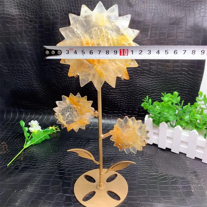 Natural Yellow Fire Quartz Hematoid Sunflower Carving Hand Polished Reiki Healing Crystal Gift Room Office Decoration 1PCS