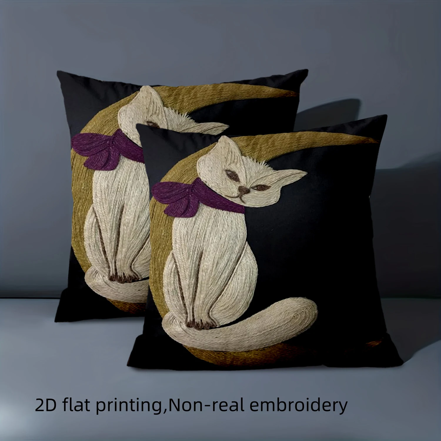 Double Sided Cute White Cat Patterned Decorative Pillowcase - 2D Flat Printed Sofa Cushion Cover with Lace Edge Decor, 1 Piece