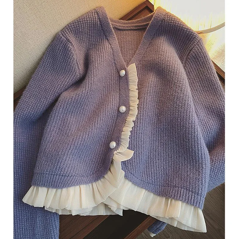 Women's Sweaters 2023 Spring Korean Vintage V-neck Pearl Button Ruffled Patchwork Pink Cropped Cardigan Long Sleeve Knitted Coat