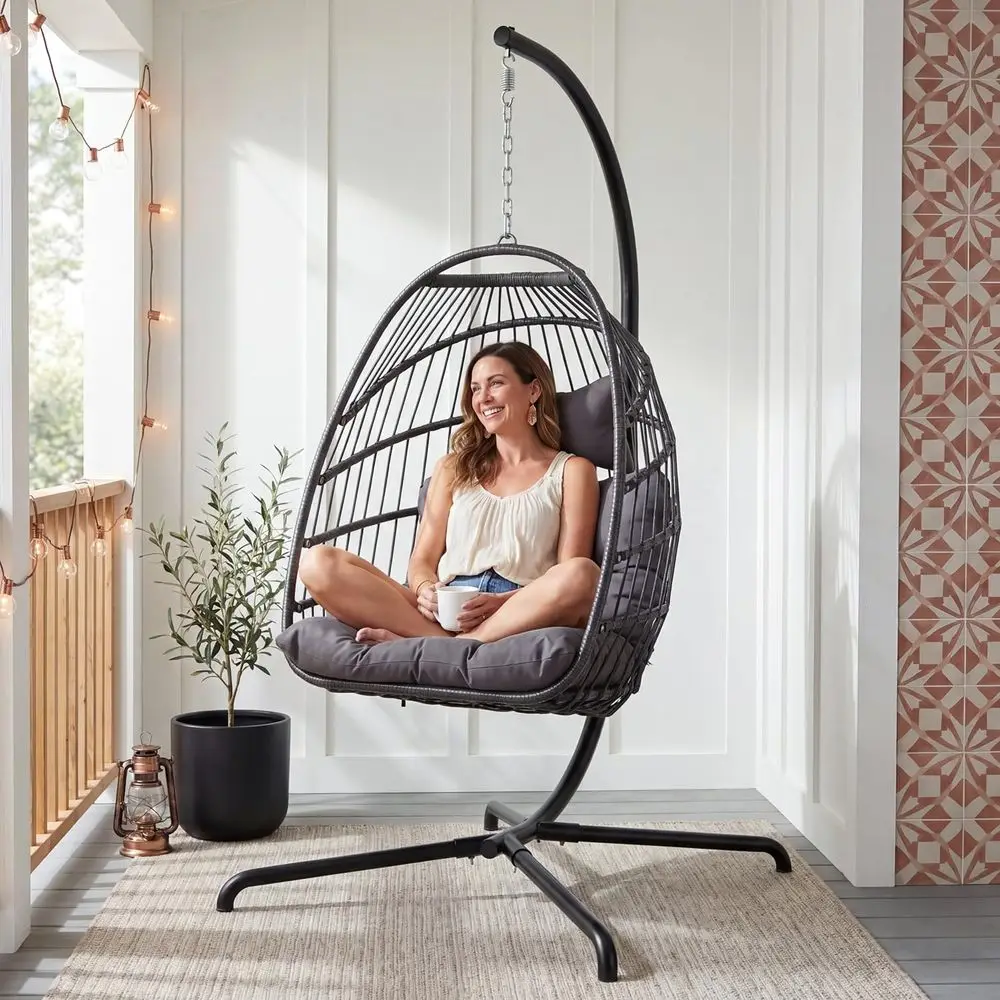 Durable Outdoor Hanging Egg Chair Swing with Cushion, 350 lbs Capacity, Weather-Resistant for Balcony or Deck, Gray - view 2