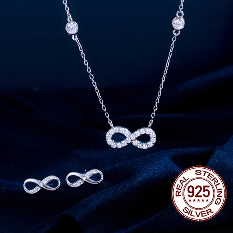 QooLady Silver 925 Romantic CZ Stone Infinity Symbol Stud Earrings Necklace Jewelry Sets for Women Fine Wedding Party Gift ST016