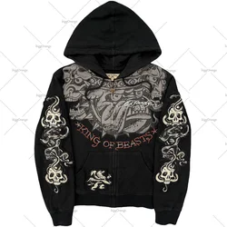 American Gothic Rock Skull Bones Oversized Hoodie Men's Y2K2023 Street Casual Versatile Harajuku Style Zipper Sweatshirt Men's