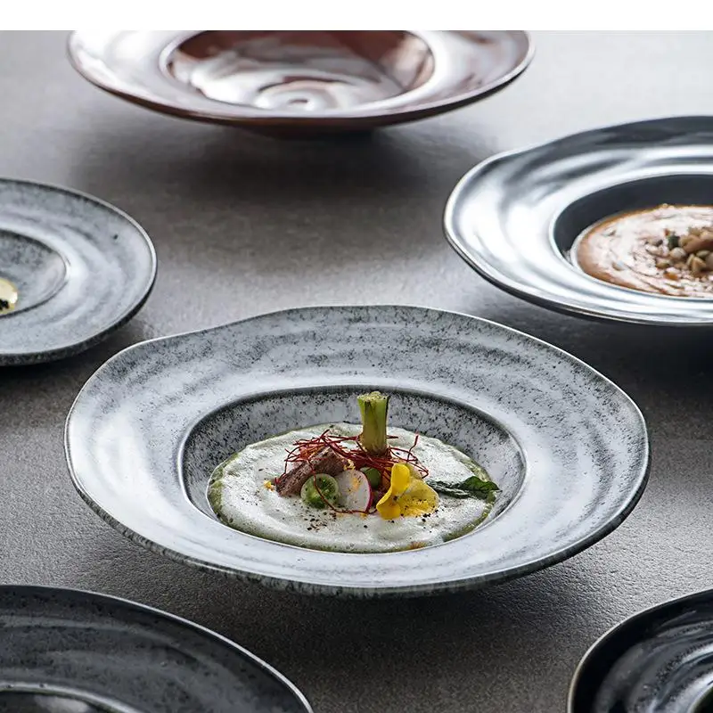 

Retro Irregular Ceramic Deep Plate Thick Soup Pasta Salad Plates Restaurant Molecular Cuisine Tableware