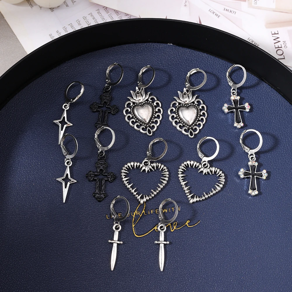 Aihua 12 stücke Mode Silber Farbe Herz Tropfen Ohrringe Set für Frauen Teenager Einfache Kreuz Anhänger Baumeln Ohrring Y2K Party schmuck – Detail 3
