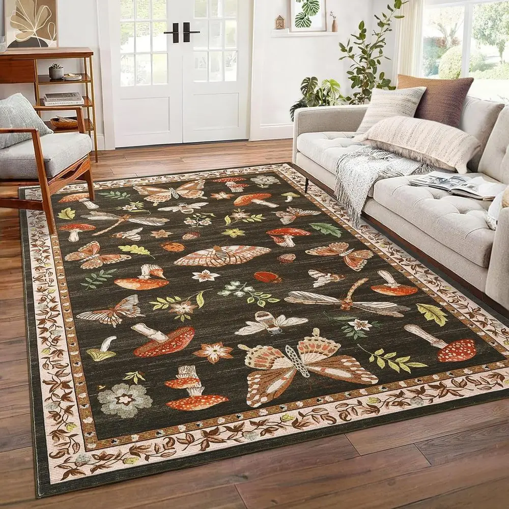 

Brown Low Pile Washable Area Rugs, 5x7 for Living Room, Insect Print for Bedroom, Non-Slip Rubber Back Dining Room
