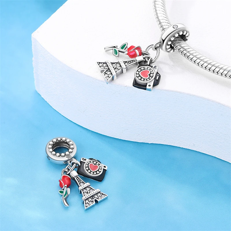 925 Sterling Silver 3Pcs Rose Tower Camera Charms Beads Zircon Dangle Fit 3mm Original Bracelet DIY Women Party Jewelry Gifts