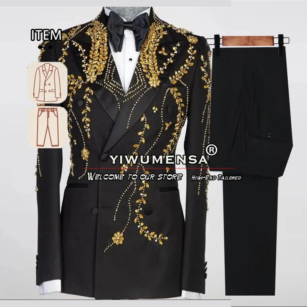 

Black Men's Suits For Wedding Gold Beading Jacket Pants 2 Pieces Formal Groom Wear Banquet Prom Party Dress Male Fashion Clothes