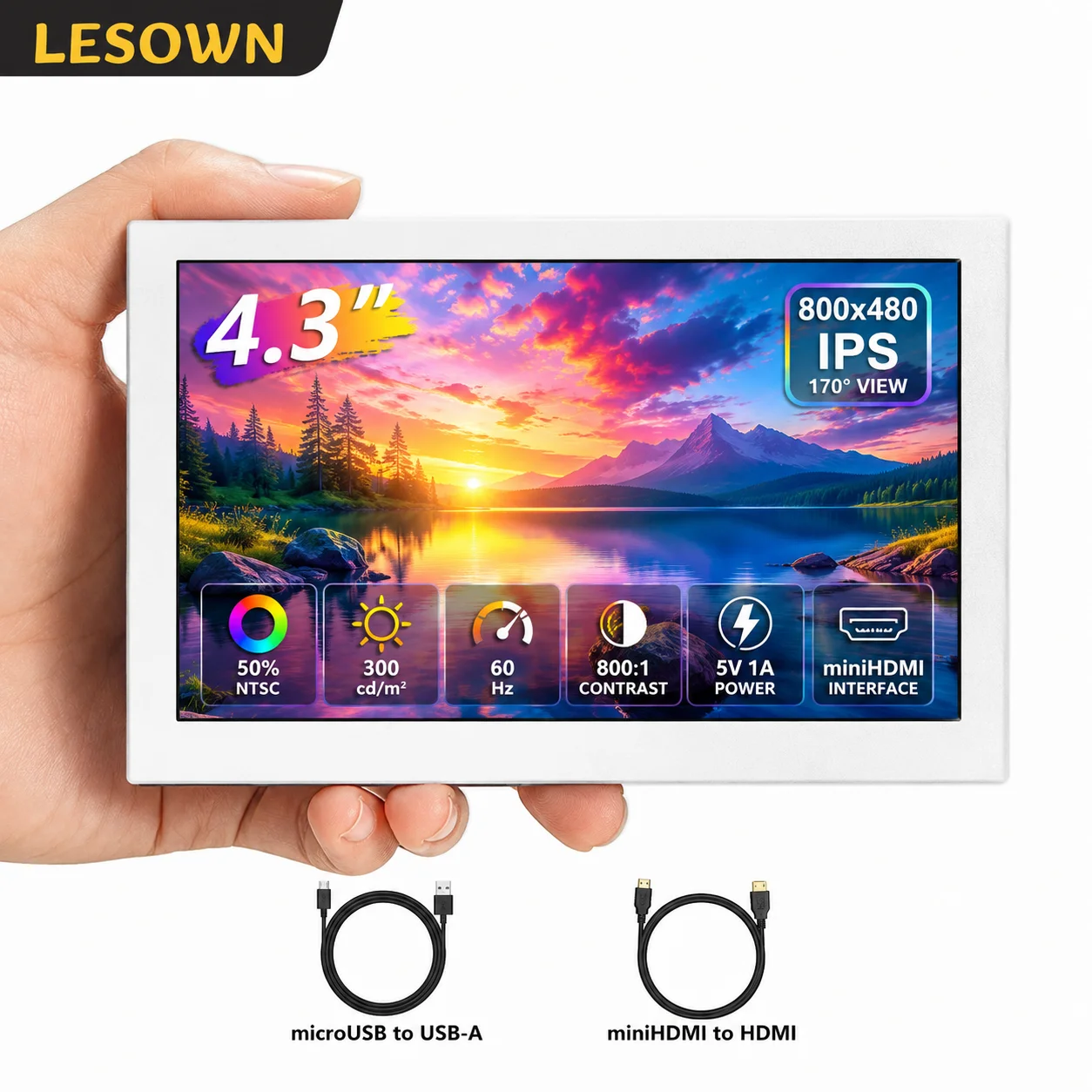 LESOWN Raspberry Pi DIY Maker Screen White Aluminum White Shell miniHDTV Screen 16:9 Driver-free