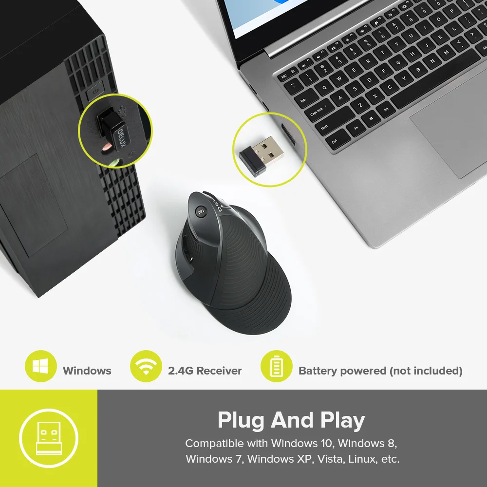 Delux-Souris verticale sans fil ergonomique M618 GX, 6 boutons, 1600 ug I, souris optique pour PC portable