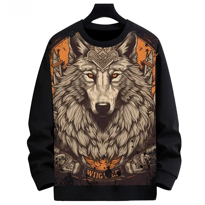 

New Black Wolf Pattern round Neck Sweatshirt Digital Printing Men's Jacket Comfortable Polyester Fiber Warm Fleece Lined Unisex
