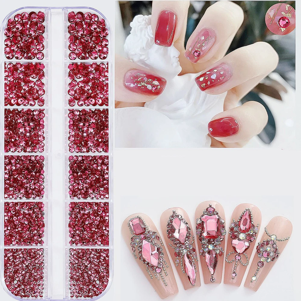 1500Pcs/Box 3D Red Round Nail Art Rhinestones Flatback Glass Diamonds Nail Charms+Crayon&Tweezer Manicure Decorations Supplies 1