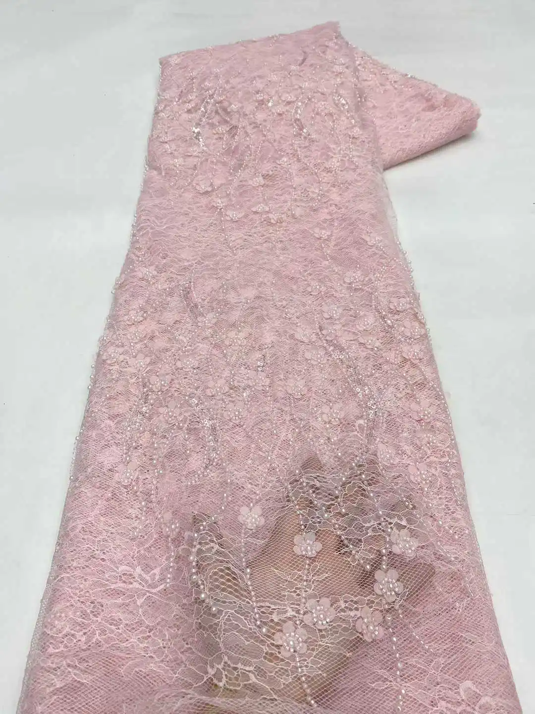 

Новый дизайн, роскошные розовые бусины ручной работы с блестками, африканская кружевная ткань 2026, высокое качество, французская сетчатая кружевная ткань для вечеринки, 5 лет