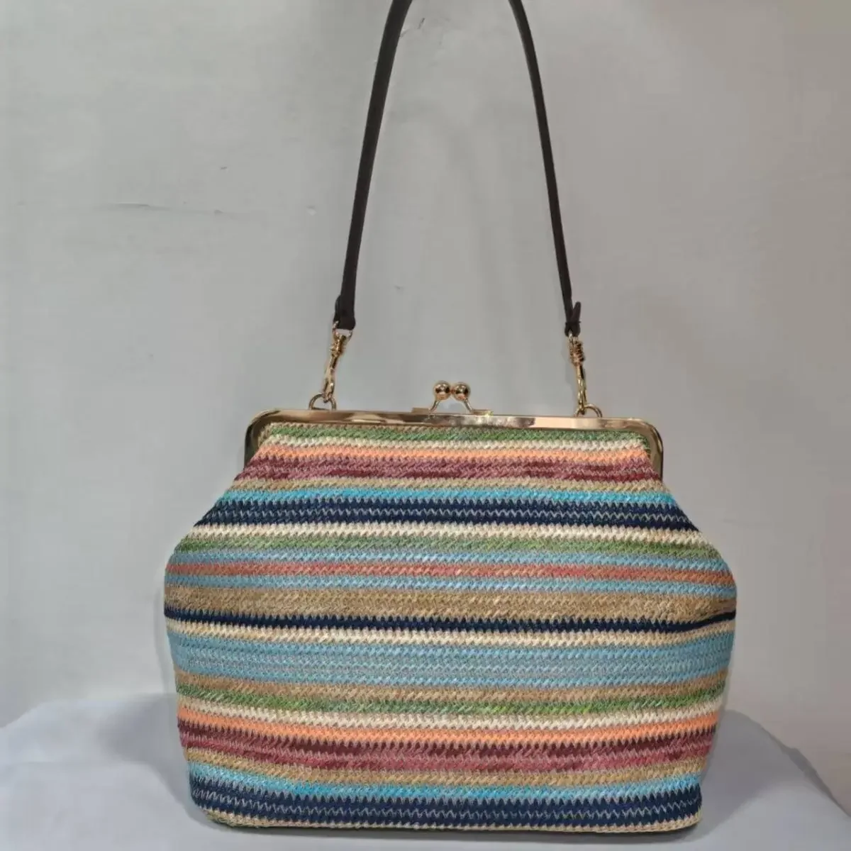 Colorful Striped Lock Frame Straw Woven Clasp Tote Bag,Women Top Handle Handbag, Summer Beach Clutch Purse,Casual Shoulder Bag