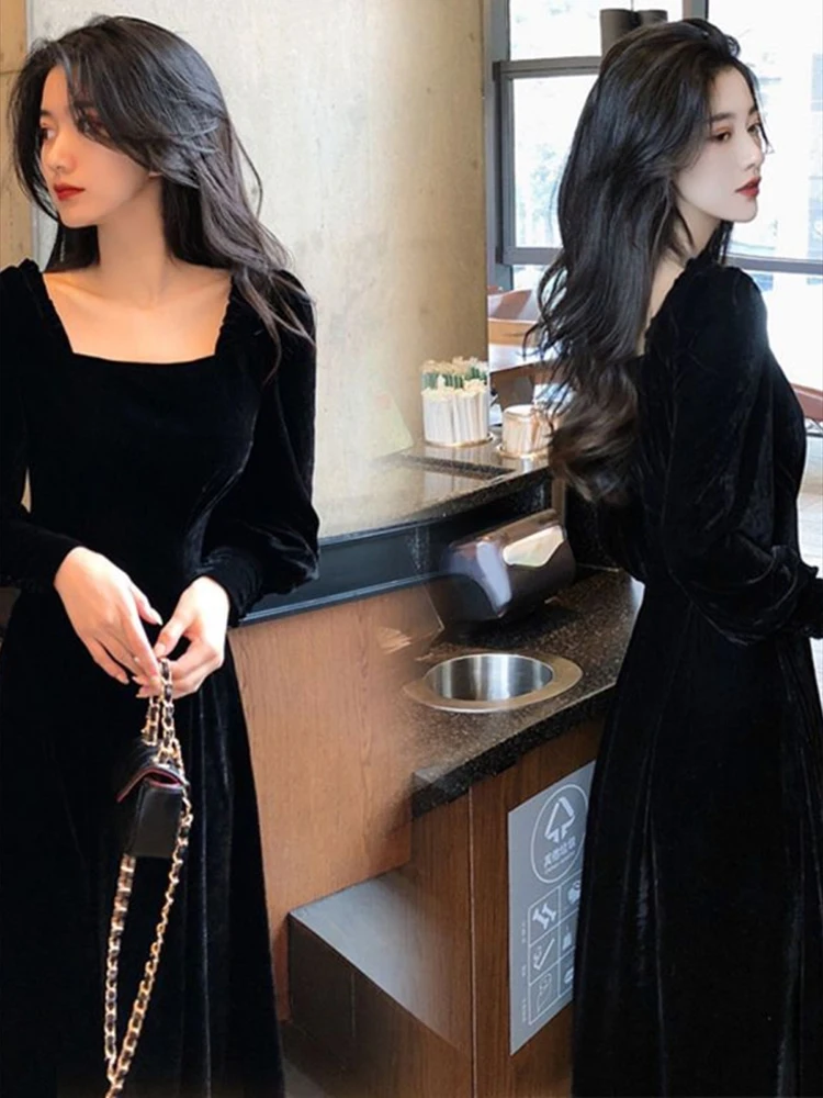 Vestidos Square Neck Long SectionLong-Sleeved Velvet Dress Female Korean Version Of The New 2023 Slim Slim Design Sense Dresses