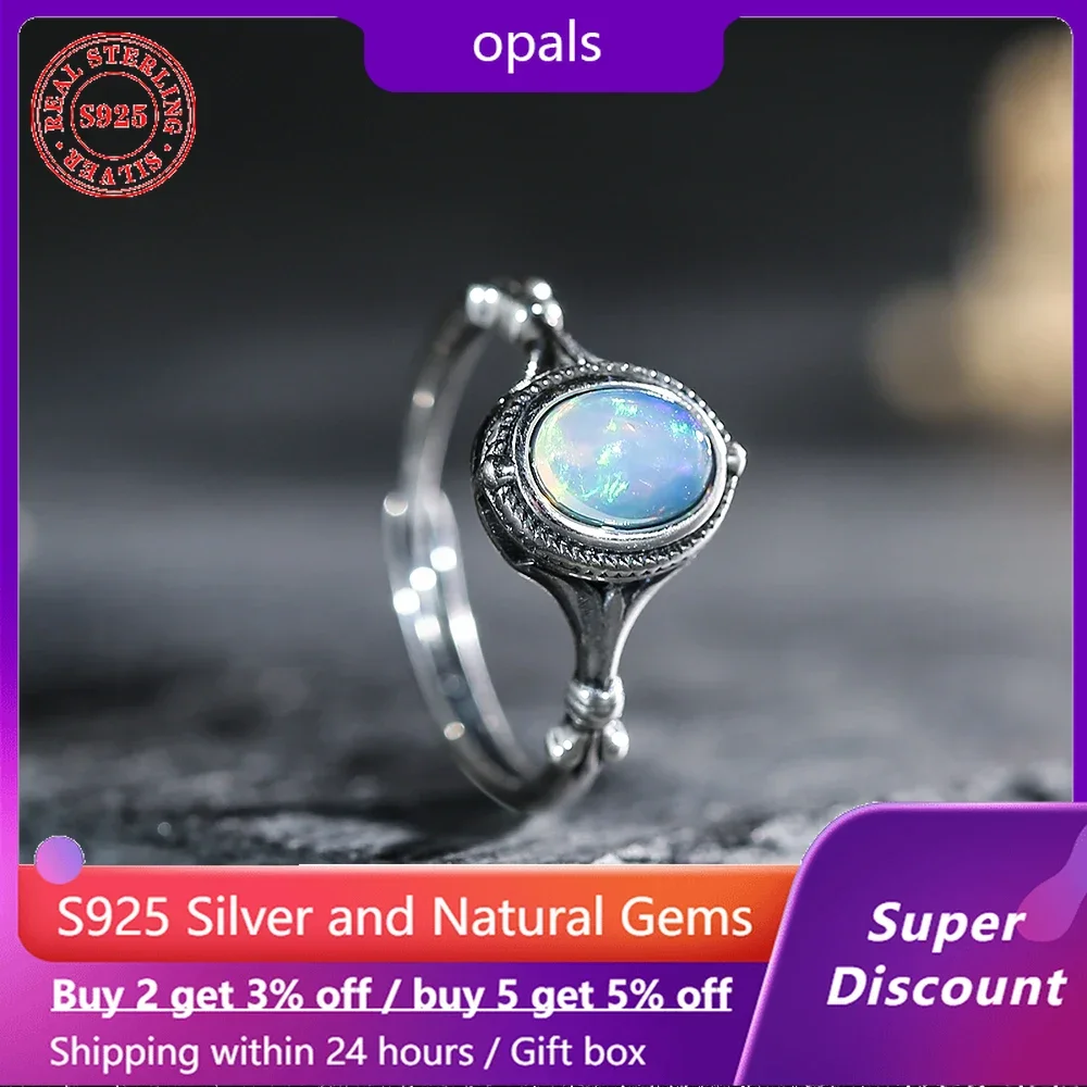 

Fashion S925 Silver Ring Natural Colored Mineral Crystal Opal Women's Ring Jewelry Men's Open Ring Sparkling Wedding Accessories