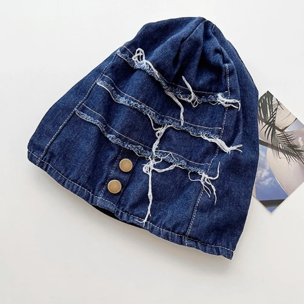 

Fashion Vintage Distress Denim Pullover Cap Button Hip Hop Washed Denim Beanie Korean Style Cool Loose Beret Streetwear