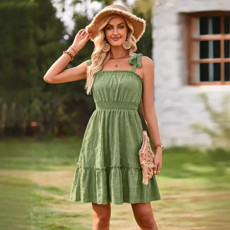 SHAN-ropa informal de estilo fresco para mujer, vestido con volantes y hombros descubiertos, novedad de verano 2024