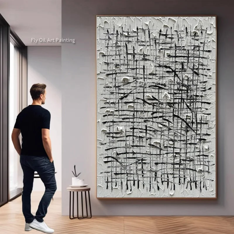 Black And White Abstract Knife Thick Oil Painting On Canvas Hand Drawn Gray Black Texture Artwork Original Design Wall Art Decor