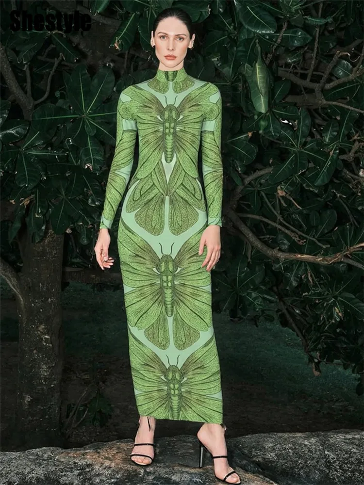 

Shestyle Mesh See-Through Long Pencil Dress Women Butterfly Print Green Turtleneck Elegant 2025 New Arrival Sweetheart Romantic