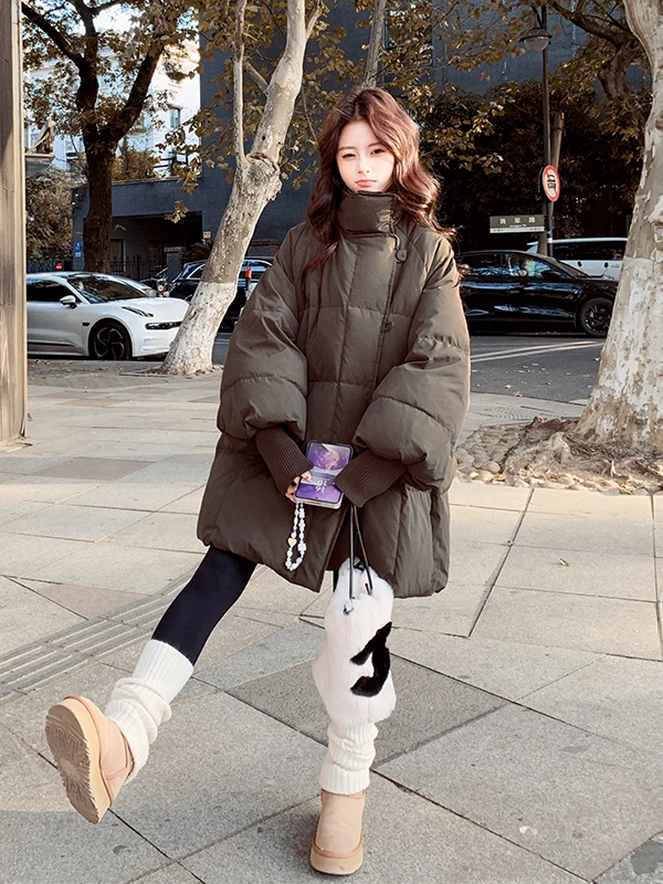 

Women's A-Line Long down Jaet Stand Collar Du Feather Loose Fit Warmth Mid-Length Winter Outerwear Casual Sle