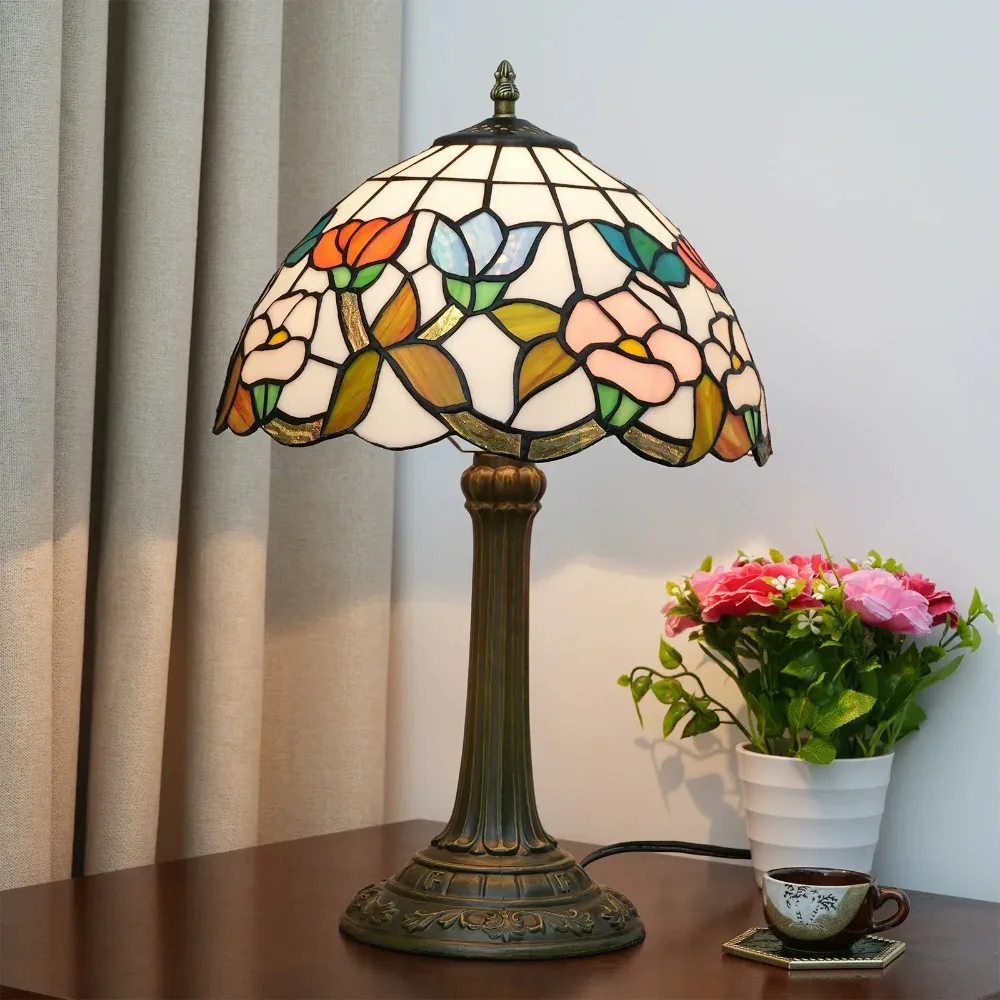

12inch 30cm American Tiffany Stained Glass Morning Glory Lampshade Living Dining Room Desk Lamp Bar Bedroom Bedside Table Light