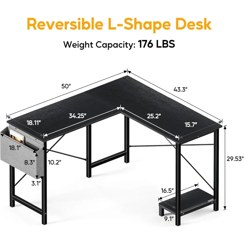 مكتب كمبيوتر زاوية قابل للعكس على شكل حرف L مقاس 50 بوصة مع سطح طاولة خشبي وإطار معدني وحامل وحدة المعالجة المركزية وحقيبة جانبية للألعاب والعمل والدراسة