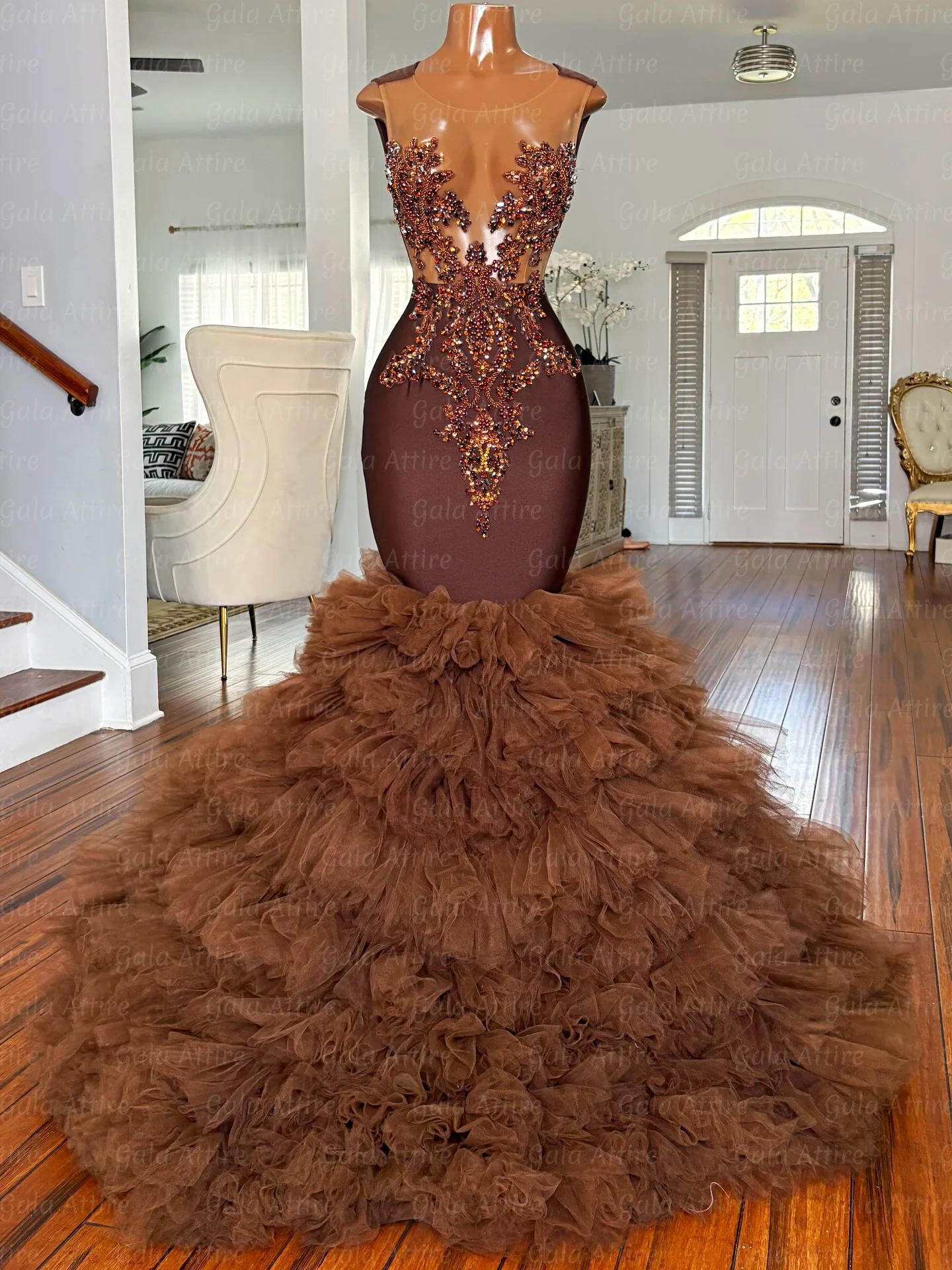 

Вечернее платье Gala Attire для темнокожих девушек, коричневое, с бисером, в стиле русалки, для вечеринок и торжественных мероприятий, индивидуальный пошив, 2026