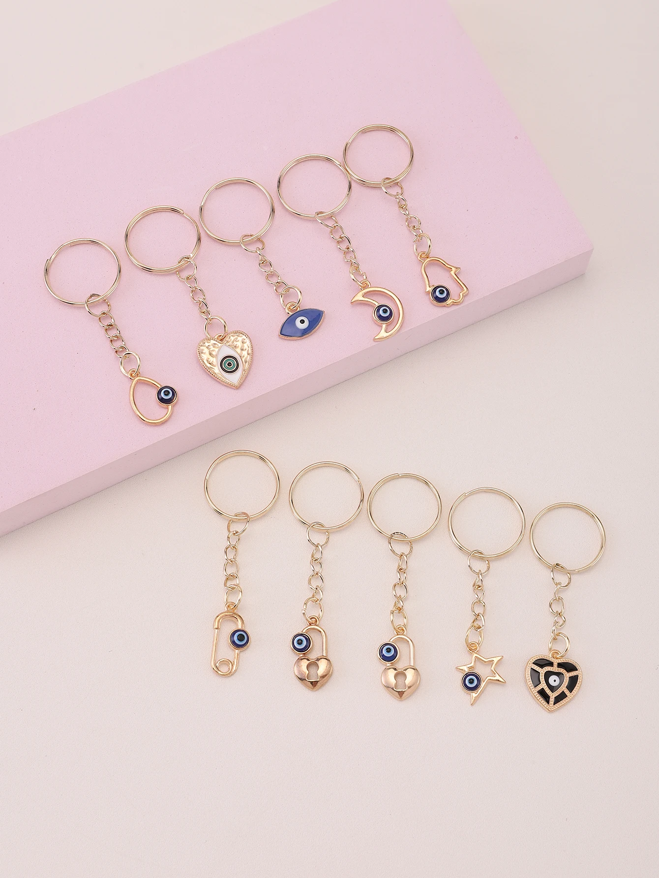 10pcs Alloy Evil Eye Keyring Amulet Good Luck Keychain Purse Bag Backpack Car Key Accessory Charm Birthday Party Favors Gift