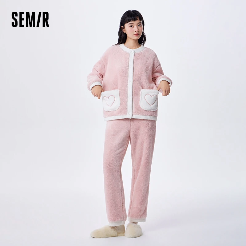 Semir Pajamas Women Double-sided Comfortable Velvet Warm Sweet Loose Long-sleeved Trousers Two-piece Set