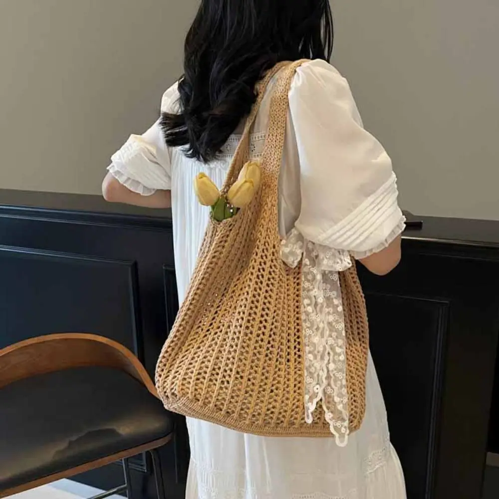 

with Lace Ribbon Solid Color Woven Bag Tote Bag Beach Handbag Beach Bag Bohemian Style Hollow Out Hollow Shoulder Bag Girls