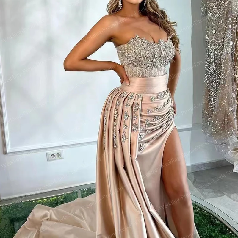 Luxury Beads Long Evening Dresses for Women Satin Floor-Length Mermaid Prom Side Slit Party Special Events Bodycon Maxi 2023 New