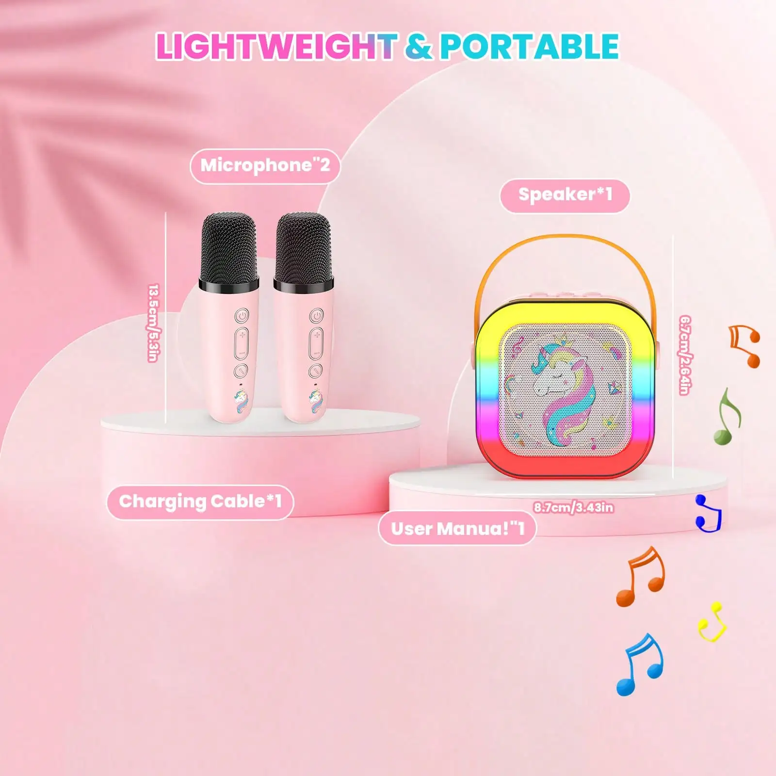 Karaoke Machine For Children With 2 Microphones - Wireless Bluetooth Speaker & Unicorn Gifts For Girls, Perfect Back To School Toys & Birthday Presents For 6-12 Year Old Girls, Microphone For Children's Toys