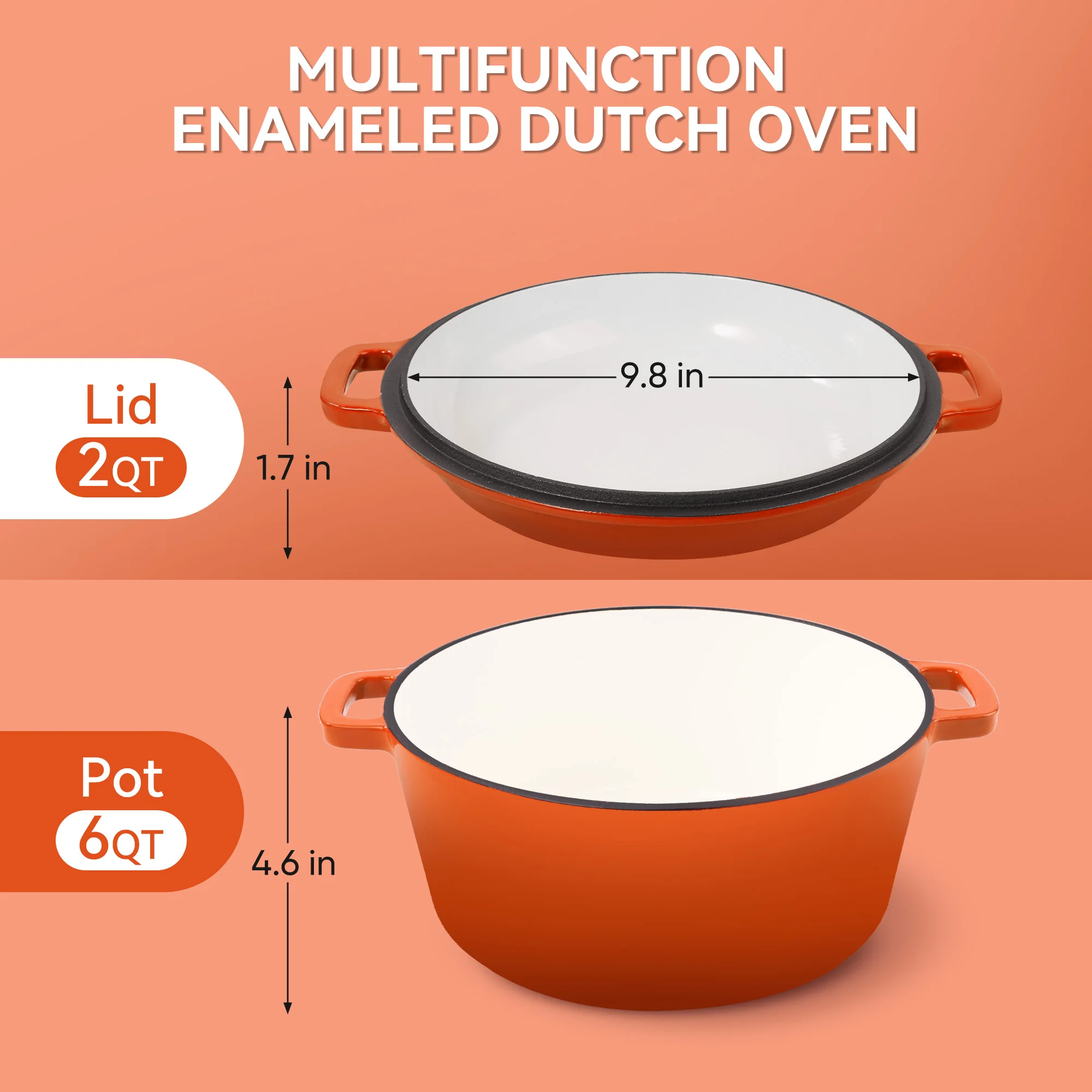 Panela holandesa de ferro fundido esmaltado 2 em 1 6QT com tampa 2QT - alças duplas grandes - segura para forno até 500 ° F - Pote redondo clássico